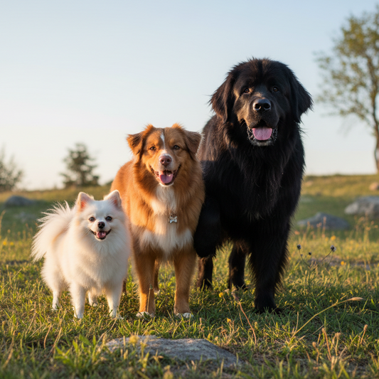 one small dog, one medium dog, one big dog